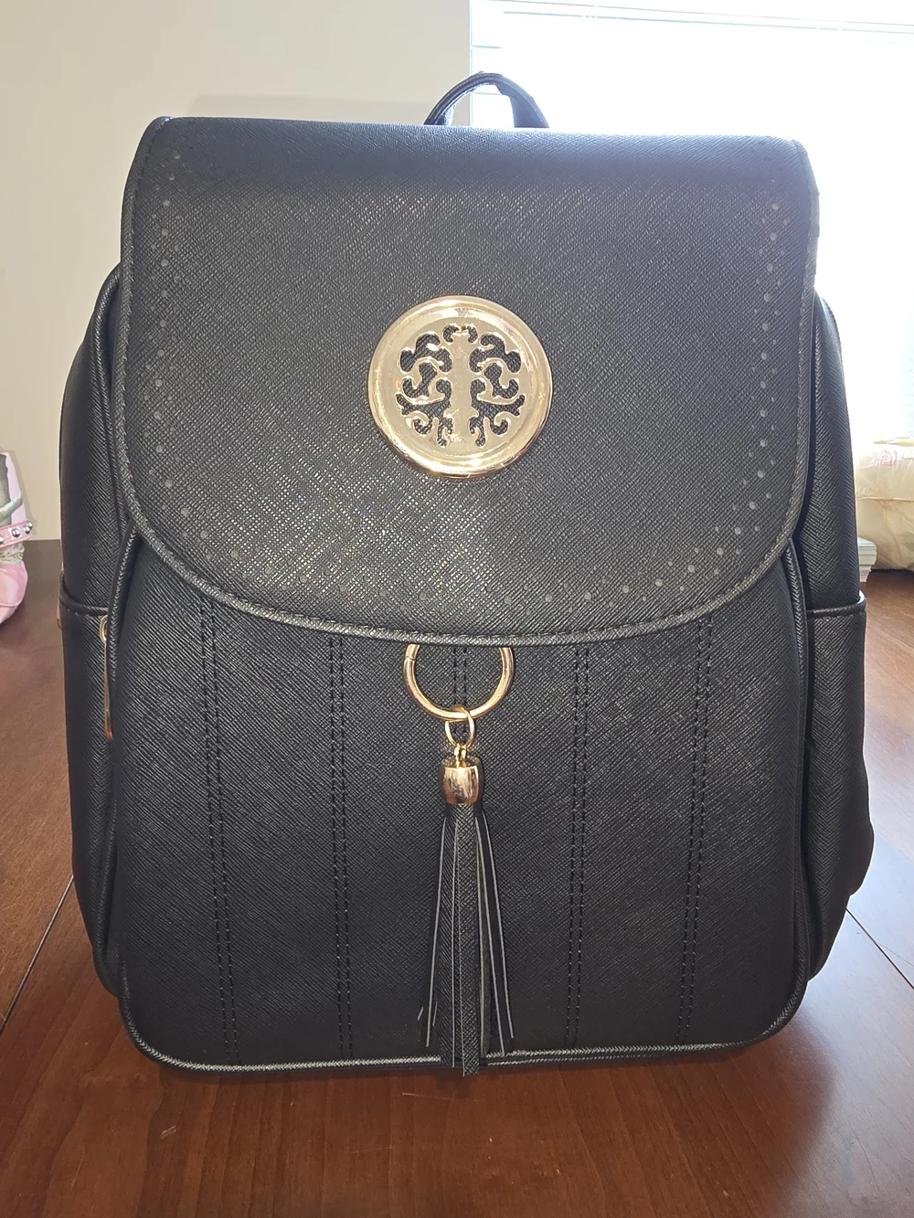 Essen Bella New with Tags Black Faux Leather Backpack w/ Tassel & Gold Medallion